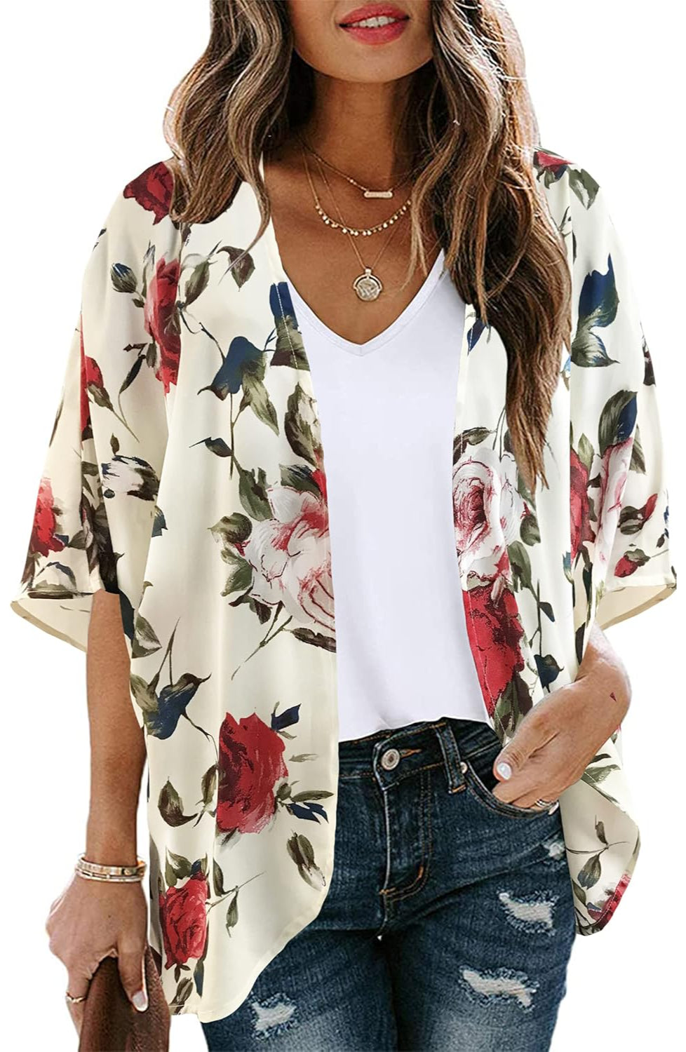 Women Floral Puff Sleeve Kimono Cardigan