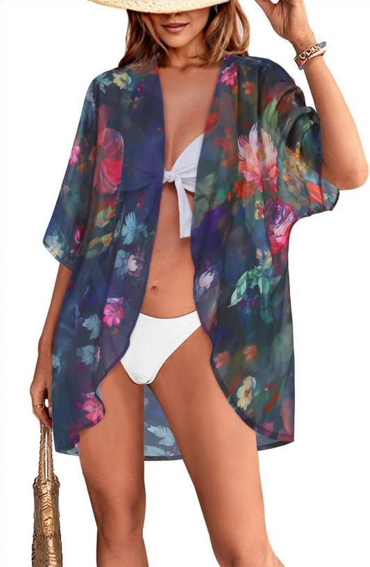 Women Floral Puff Sleeve Kimono Cardigan