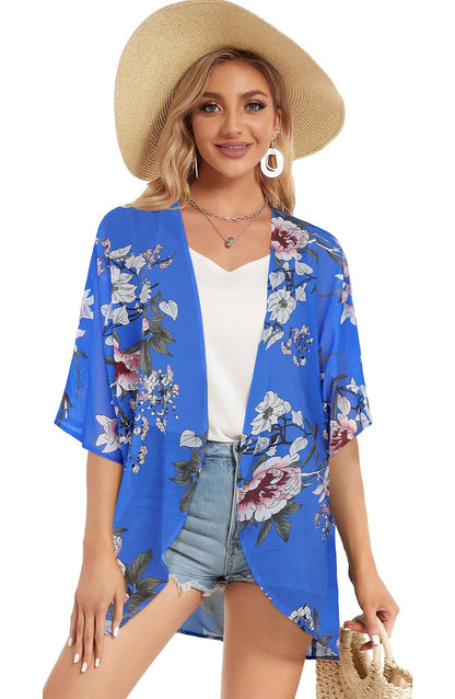 Women Floral Puff Sleeve Kimono Cardigan