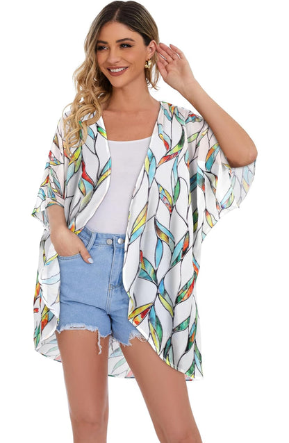 Women Floral Puff Sleeve Kimono Cardigan