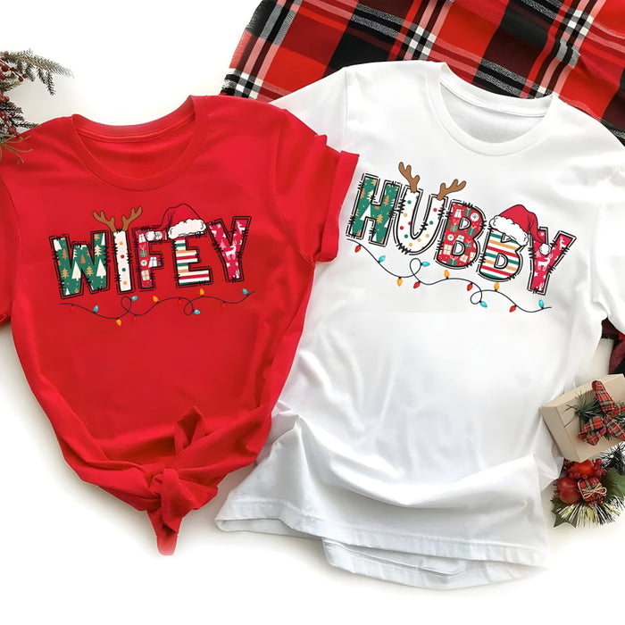 Festive Wife And Hubby Christmas T Shirt Set