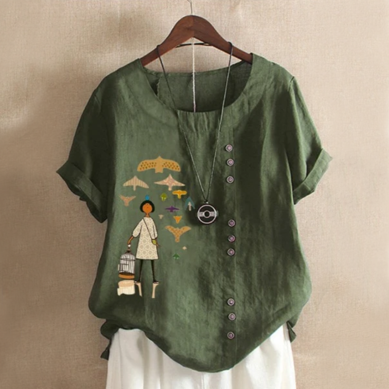 Girl Patch Button Solid Summer Blouse