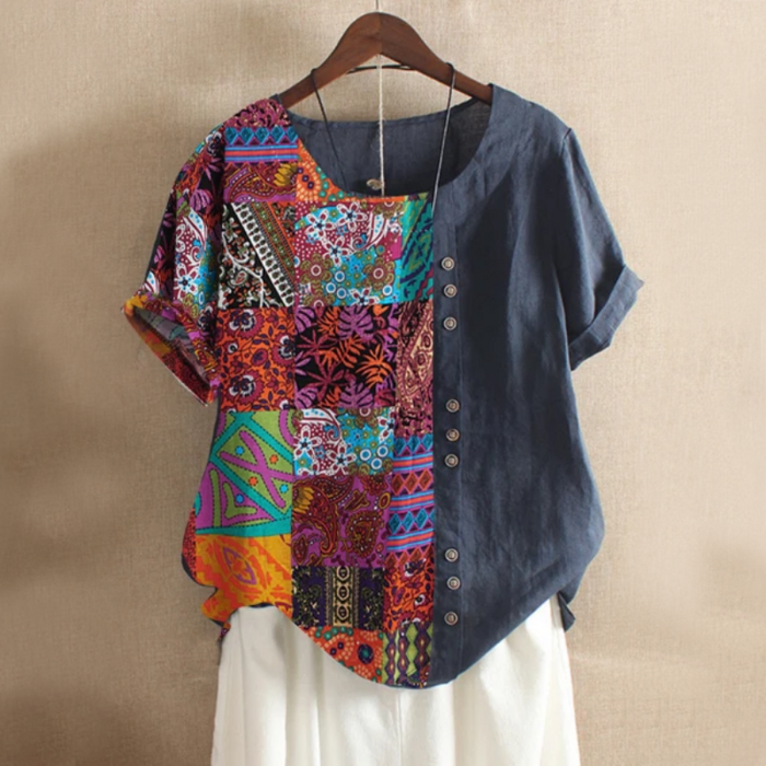 Multicolored Patchwork Folk Style Summer Blouse