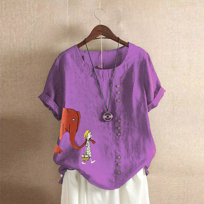Cute Elephant And Girl Print Vintage Blouse