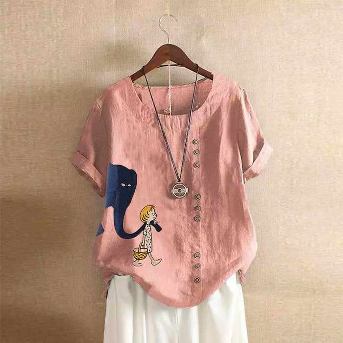 Cute Girl And Elephant Print Vintage Blouse