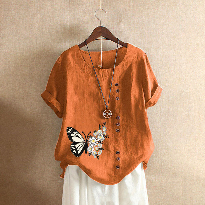 Butterfly Print Solid Color Short Sleeve Blouse — Comfy Blouse