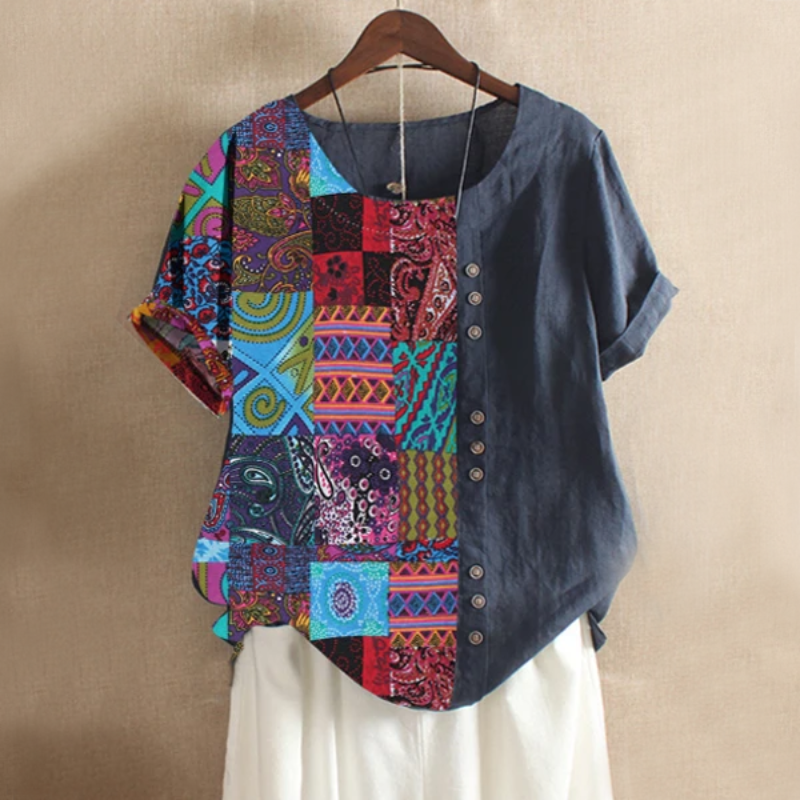 Multicolored Patchwork Folk Style Summer Blouse