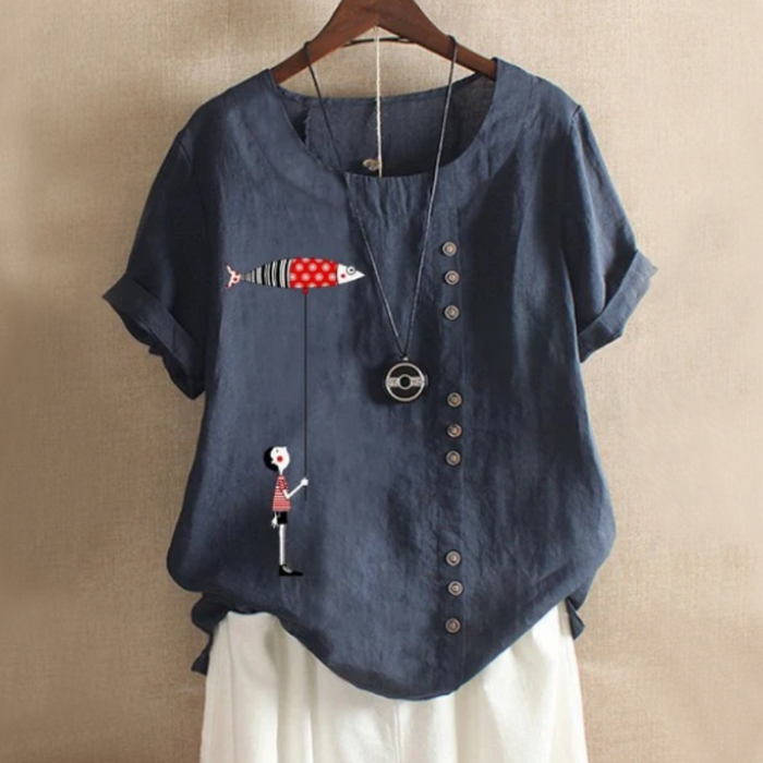 Women's Fish Patch Summer Blouse with Button Closure