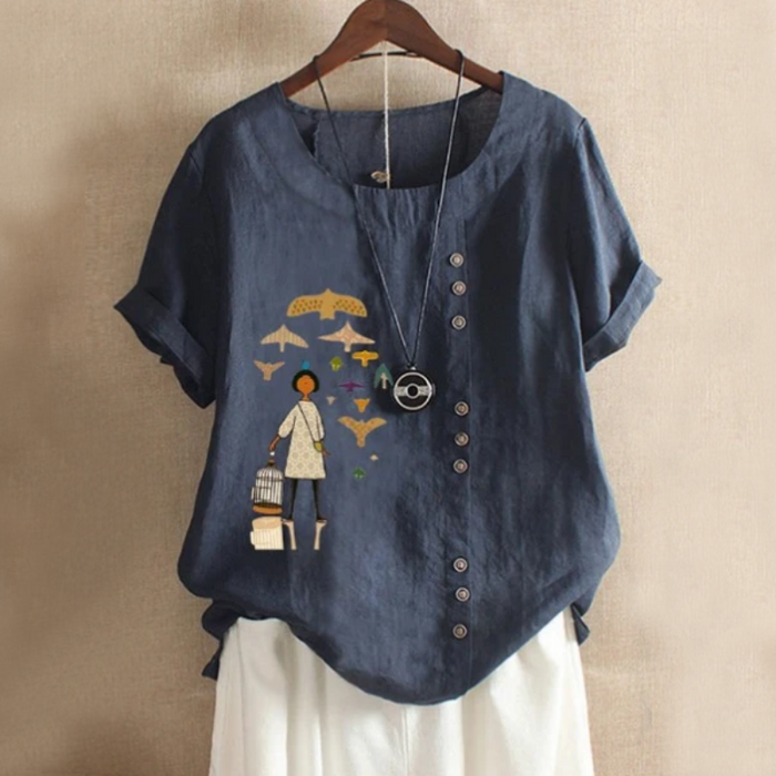 Girl Patch Button Solid Summer Blouse